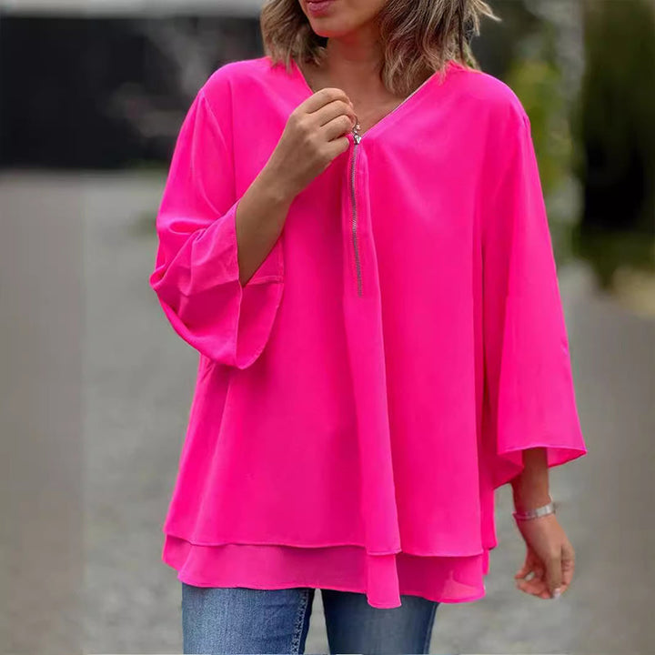 Katie™ - Chiffon Zipper Top With V-neck