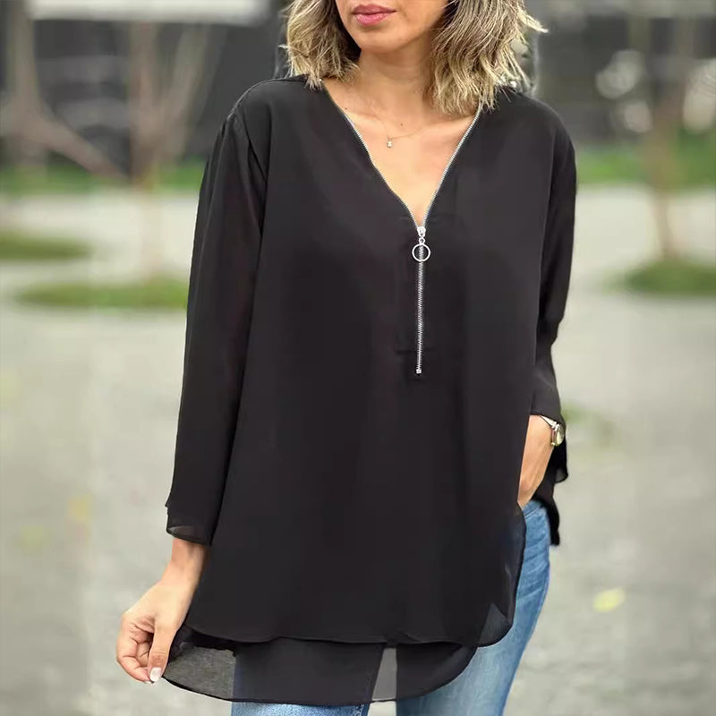 Katie™ - Chiffon Zipper Top With V-neck