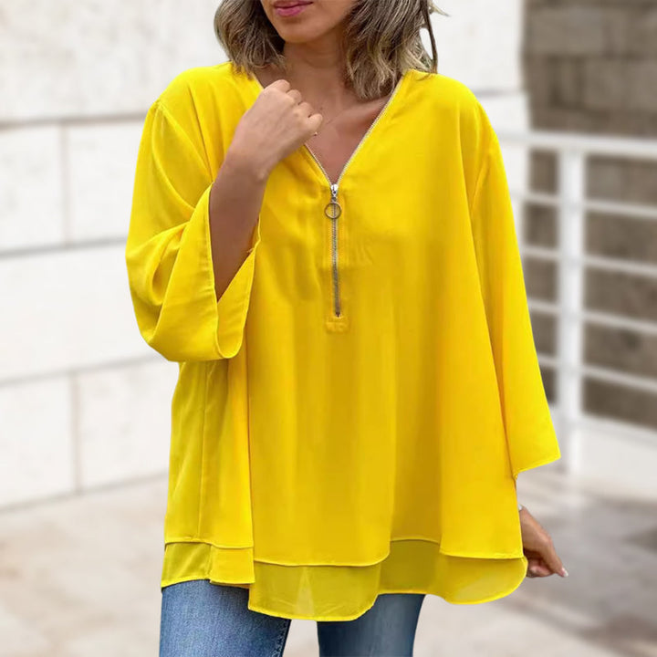 Katie™ - Chiffon Zipper Top With V-neck