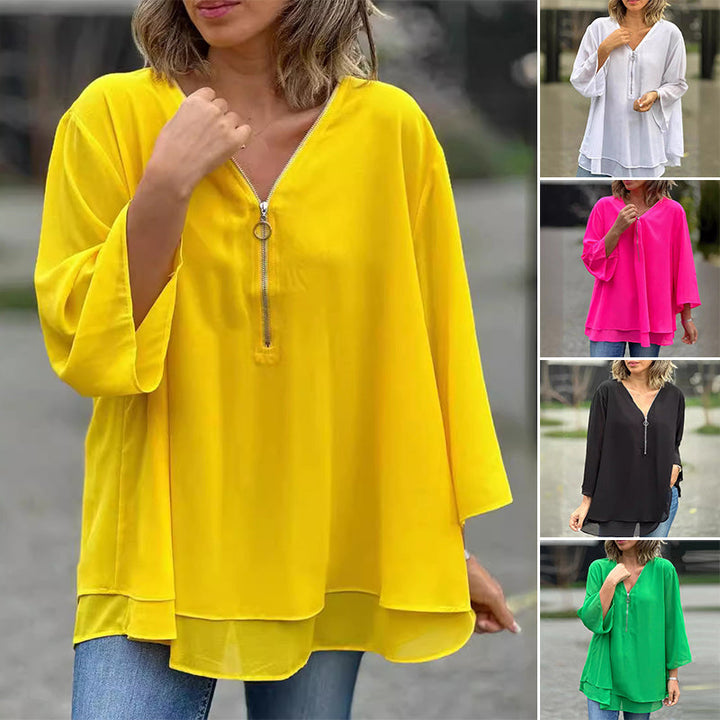 Katie™ - Chiffon Zipper Top With V-neck