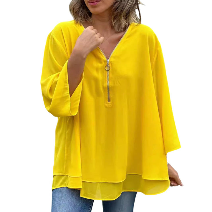 Katie™ - Chiffon Zipper Top With V-neck